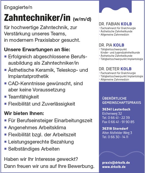 Stellenanzeige Zahntechniker bei Dr. Kolb